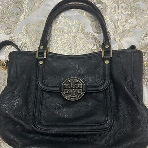 Tory Burch Black Leather Shoulder Bag with Gold Details